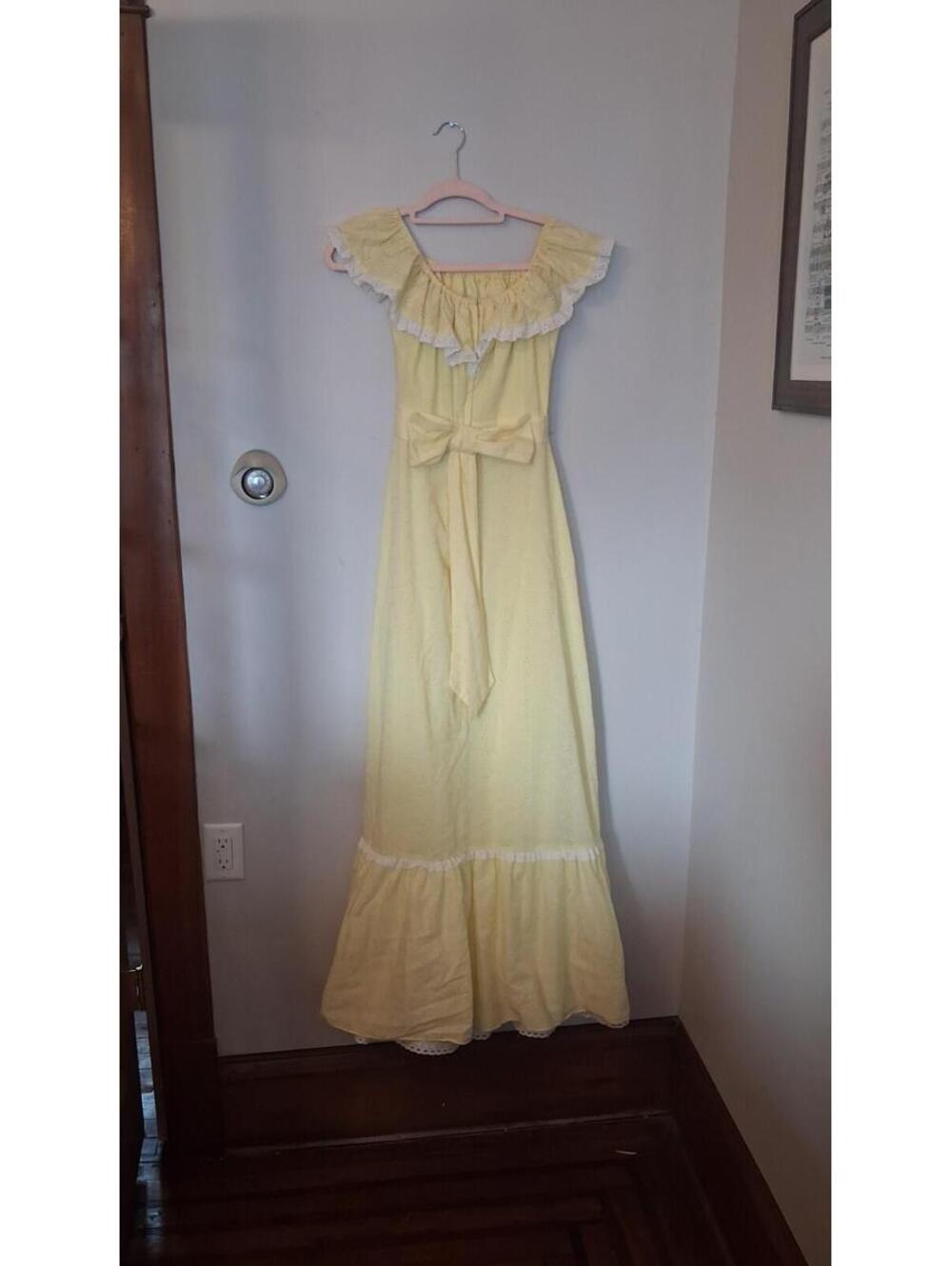 70s Vintage Yellow Ruffled Dress, Maxi Bridesmaid Prom Gown Size S Princess - Picture 7 of 9